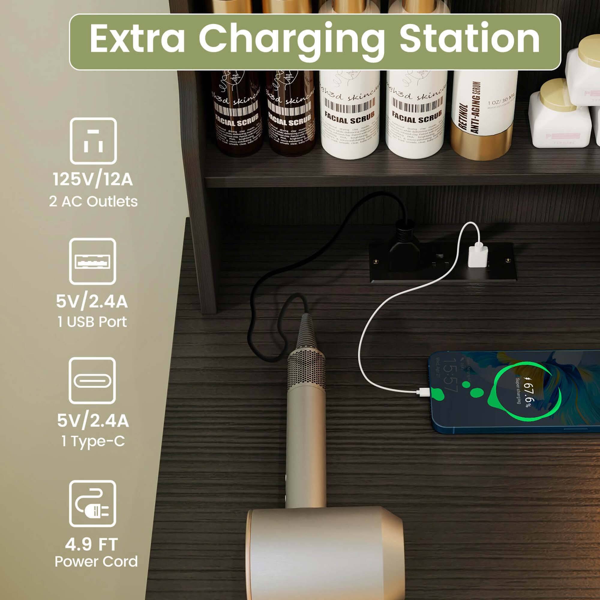 Extra Charging Station

- 125V/12A
- 2 AC Outlets
- 5V/2.4A
- 1 USB Port
- 5V/2.4A
- 1 Type-C
- 4.9 FT Power Cord