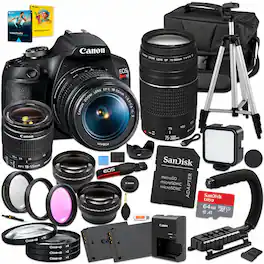 Bundle - Canon - EOS Rebel T7 DSLR with 18-55mm & 75-300mm Lenses, 64GB Card, Tripod, & Accessories - Black