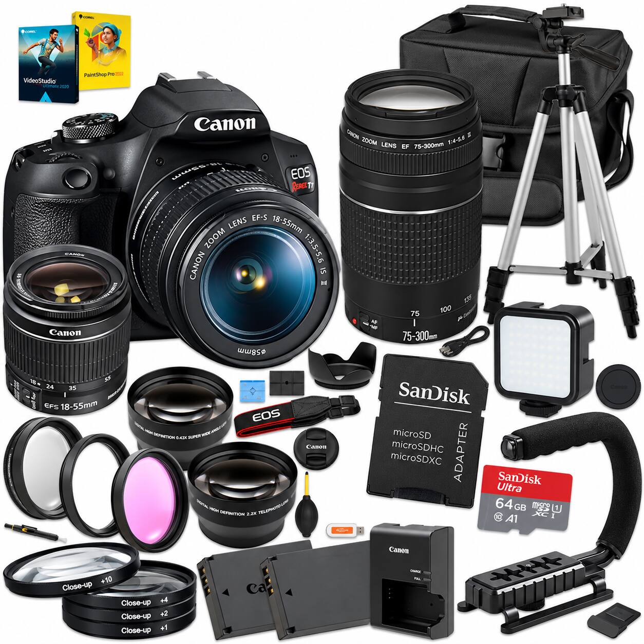 COREL  
CORRO  
VideoStudio Ultimate 2020  
PaintShop Pro 2012  
CANON EF-S 18-55mm f/3.5-5.6 IS II Lens  
Canon EOS REBEL T5i Short EF-S LENS 18-55mm ZOOM 1:3.5-5.6 CANON IS II 058mm EOS KOR DEPRETION NEW 0.424 SUPER Canon MON DEFINITION 2.2X TELEPHOTO  
CANON EF 75-300mm f/4-5.6 I LENS EF 75-300mm  
SanDisk microSD microSDHC ADAPTER microSDXC SanDisk Ultra 64GB GB 2 U A1  
+10 Close-up Close-up +4 Close-up +2 Close-up +1  
Canon