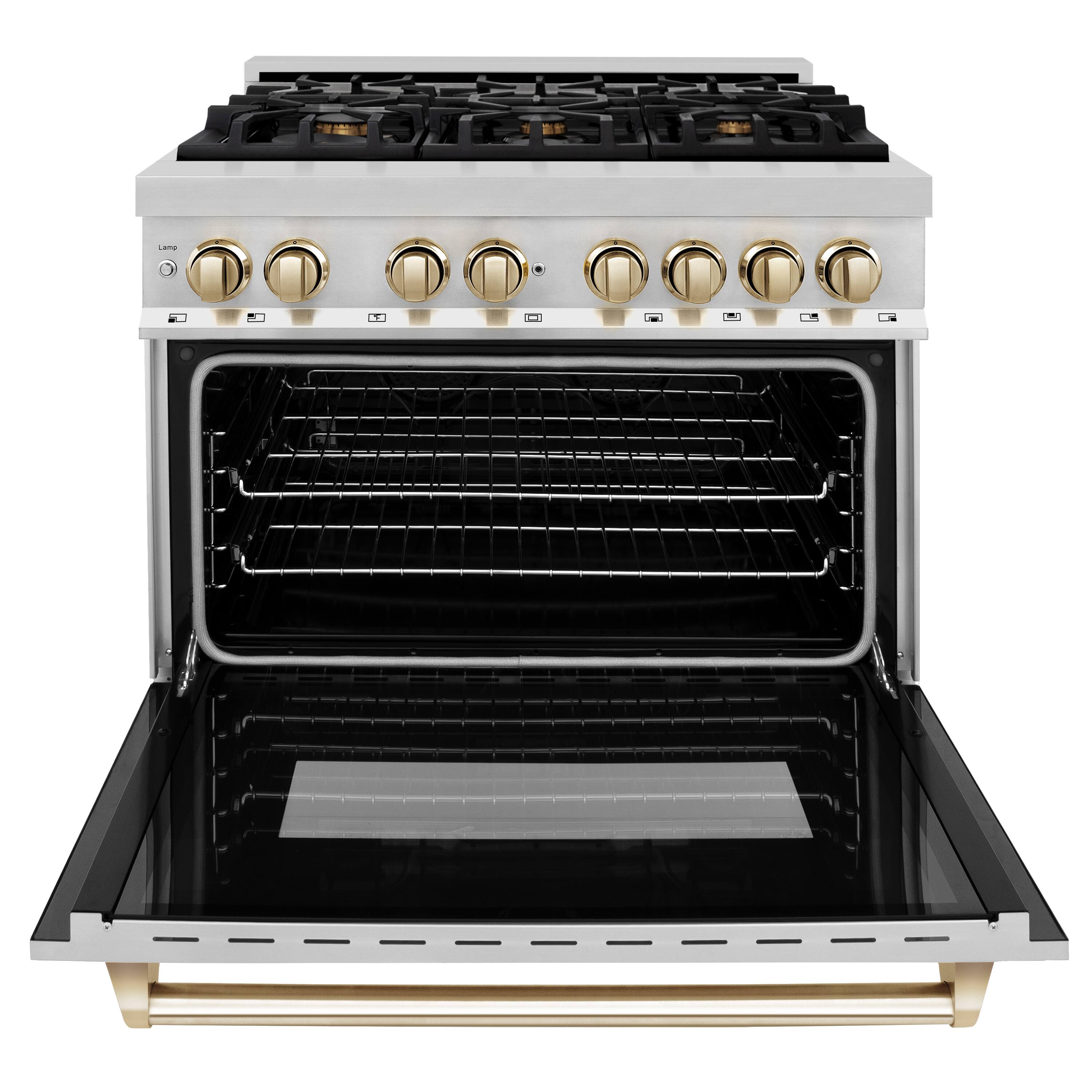 Left. ZLINE - Autograph 36" Legacy Dual Fuel Range w/ 6 Burners & Polished Gold Accents (RAZ-36-G) - Stainless Steel/Polished Gold Accents.