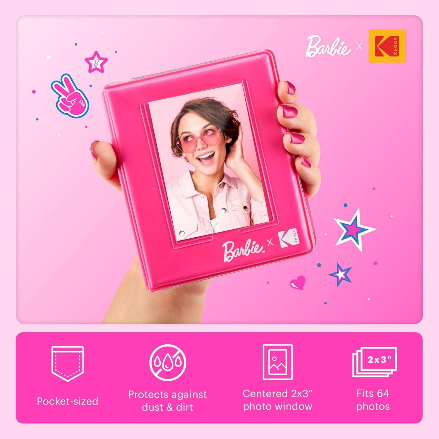 Barbie x Kodak

Pocket-sized
Protects against dust & dirt
Centered 2x3" photo window
Fits 64 photos