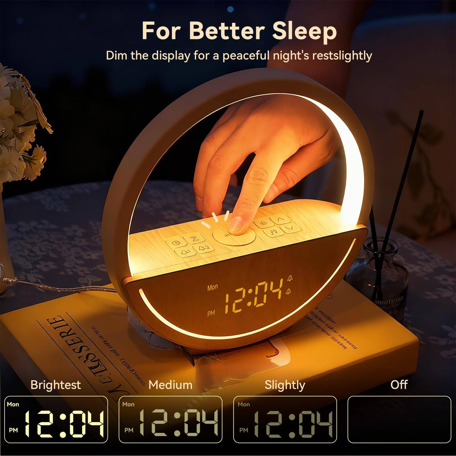 For Better Sleep  
Dim the display for a peaceful night's rest slightly

Brightest  
Medium  
Slightly  
Off

Mon PM 12:04  
Mon PM 12:04  
Mon PM 12:04