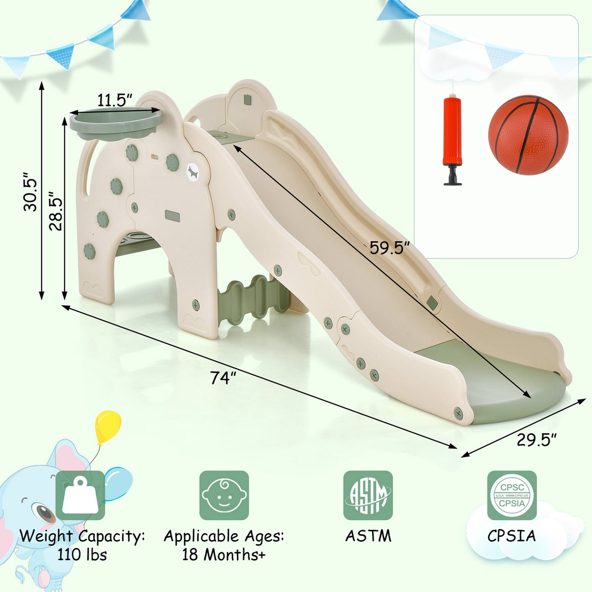 11.5"  
30.5"  
28.5"  
59.5"  
74"  
29.5"  

Weight Capacity: 110 lbs  
Applicable Ages: 18 Months+  

ASTM  
CPSIA