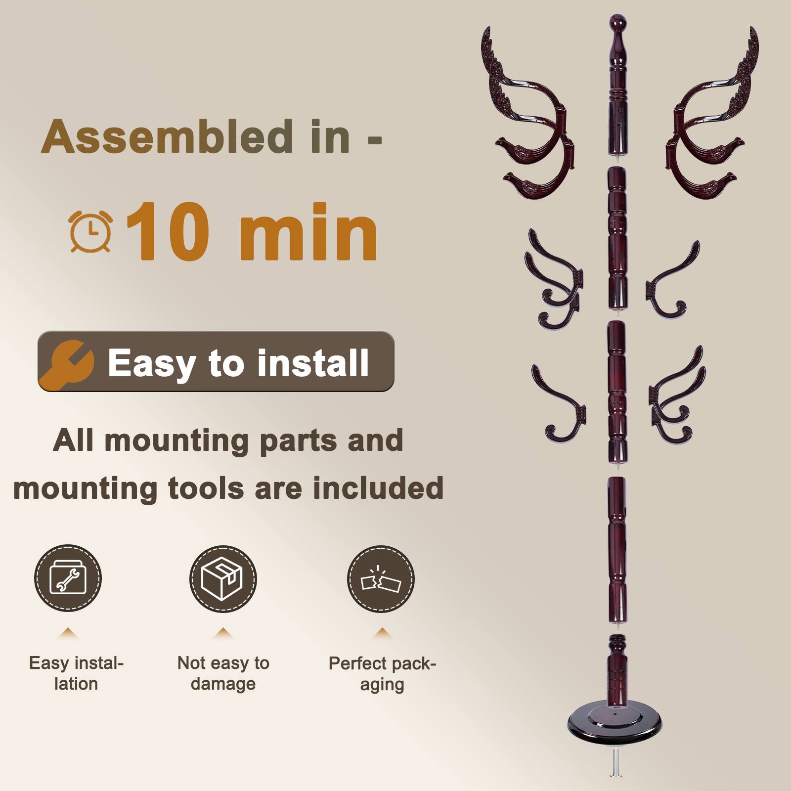 Alt View 2. Chateau Abodes - Solid Wood Coat Rack, Free Standing Hall Coat Tree with 14Hooks, 3 Height Options, 300lbs Load, Stury Base - Wooden Phoenix Hook.