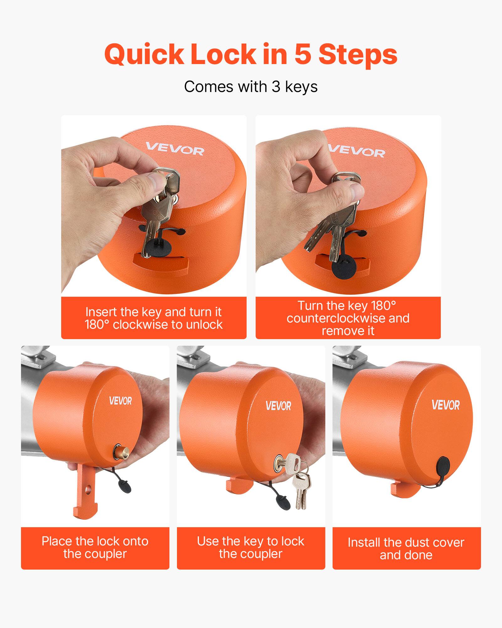 Quick Lock in 5 Steps  
Comes with 3 keys  

1. Insert the key and turn it 180° clockwise to unlock  
2. Turn the key 180° counterclockwise and remove it  
3. Place the lock onto the coupler  
4. Use the key to lock the coupler  
5. Install the dust cover and done