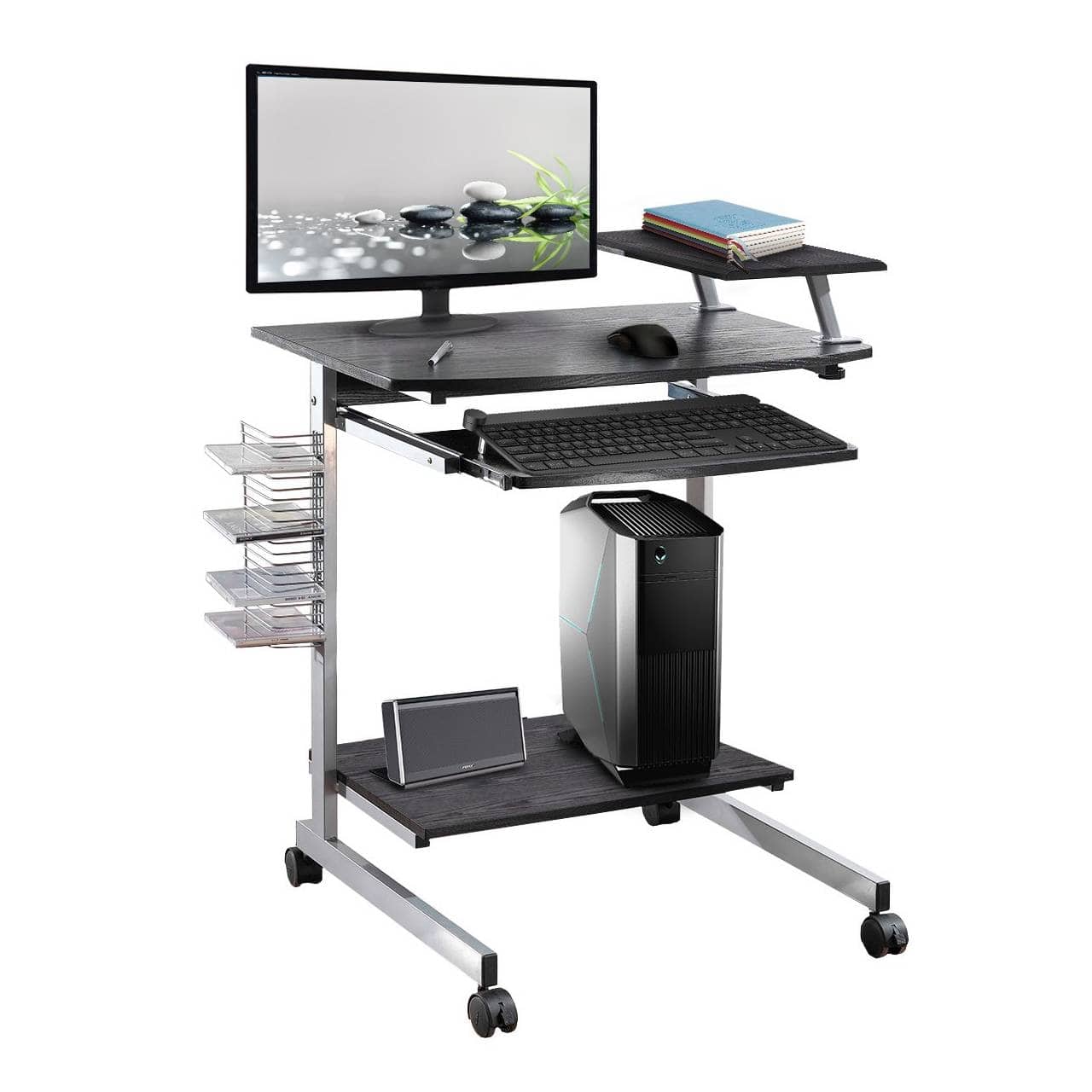 SlickBlue - Rolling Computer Cart Desk with Space-Saving Design and Keyboard Tray - Silver