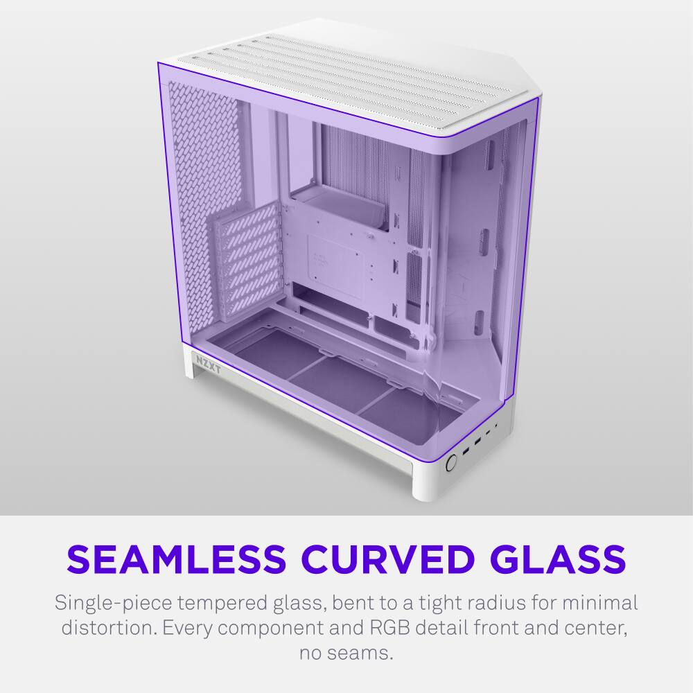 NZXT SEAMLESS CURVED GLASS

Single-piece tempered glass, bent to a tight radius for minimal distortion. Every component and RGB detail front and center, no seams.
