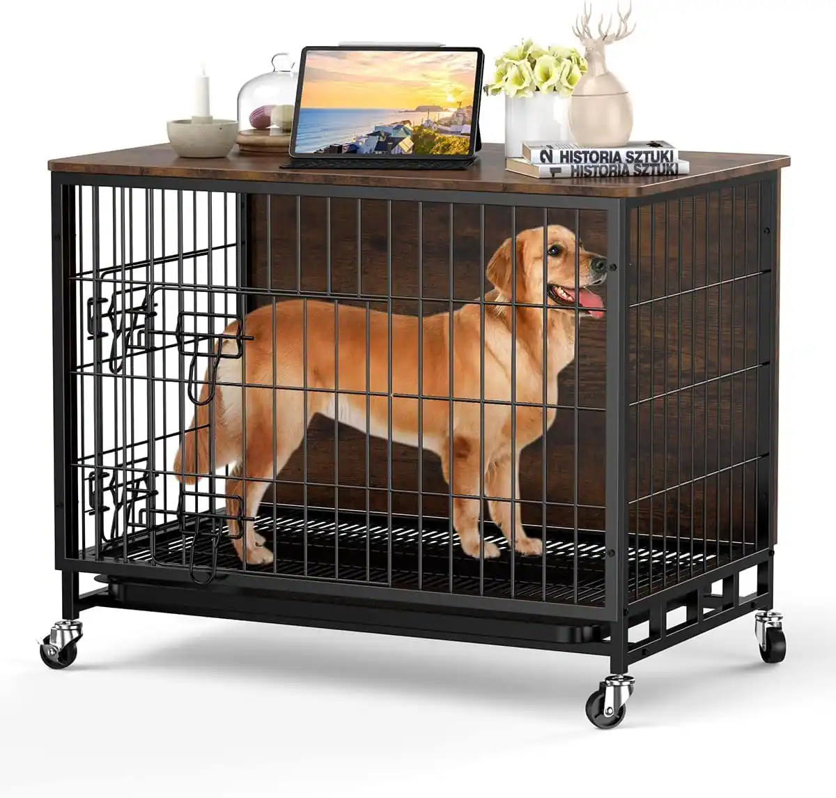 Acekool - Dog Crate Furniture, 38" Dog Kennel End Table, Wooden Dog Cage with Wheels & Double Doors, Indoor Dog House, Brown