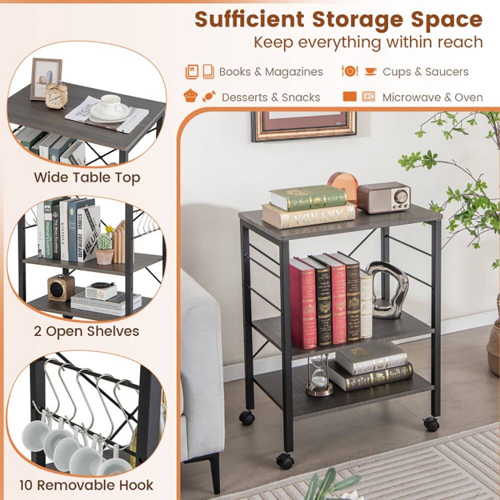 Sufficient Storage Space  
Keep everything within reach  
Books & Magazines  
Cups & Saucers  
Desserts & Snacks  
Microwave & Oven  

Wide Table Top  
2 Open Shelves  
10 Removable Hook  

KINTOLI STRIVE FORWARD