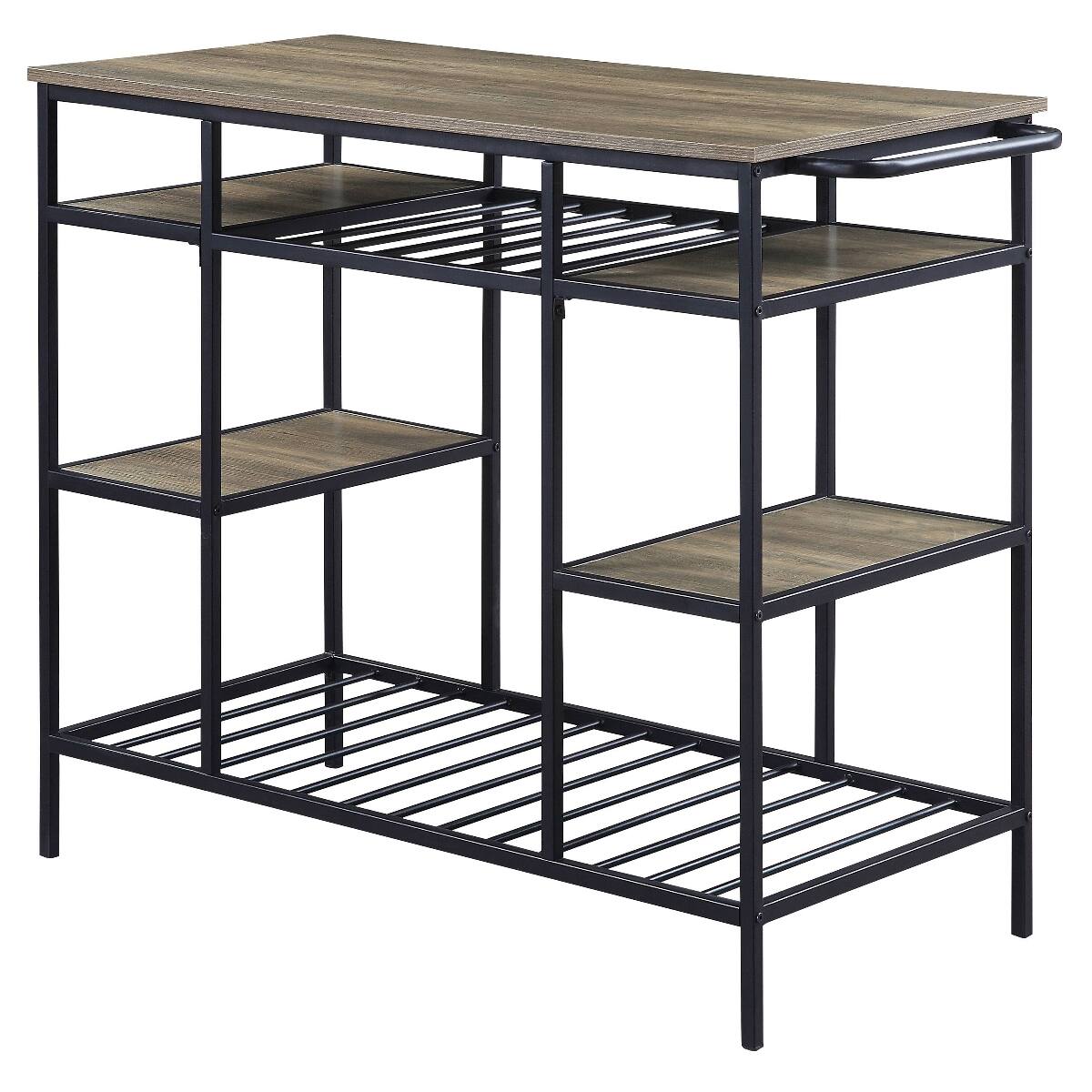 Front. Loheer - Loheer Rustic Oak and Black Kitchen Island Industrial Style Kitchen Cart with Open Shelving - Rustic Oak and Black.