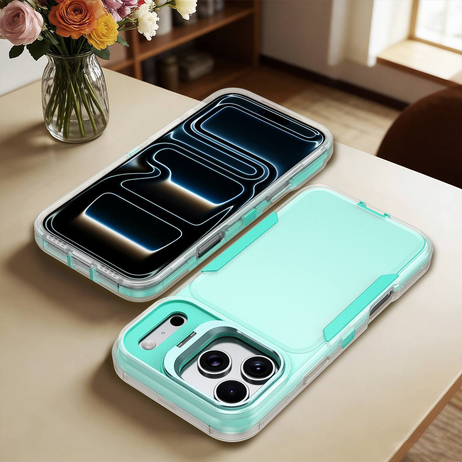 Alt View 2. Dteck - For Apple iPhone 17 Pro Max Rugged Case, Heavy Duty Dual Layer Shockproof Lens Kickstand Drop Protection Cover - Cyan.