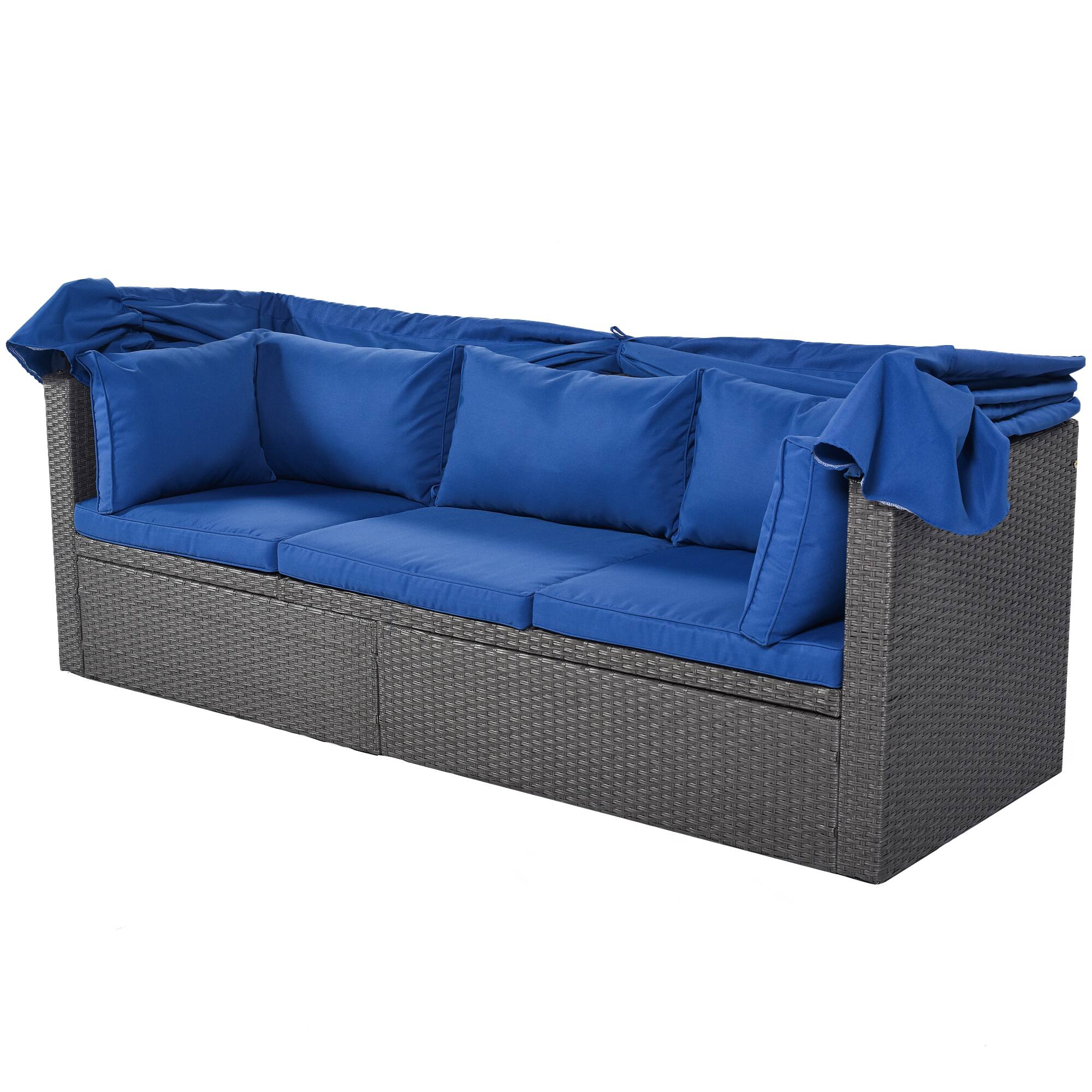 Alt View 5. Siljoy - Rattan Daybed with Retractable Canopy, Outdoor Sectional Sofa with Washable Cushions - Blue.