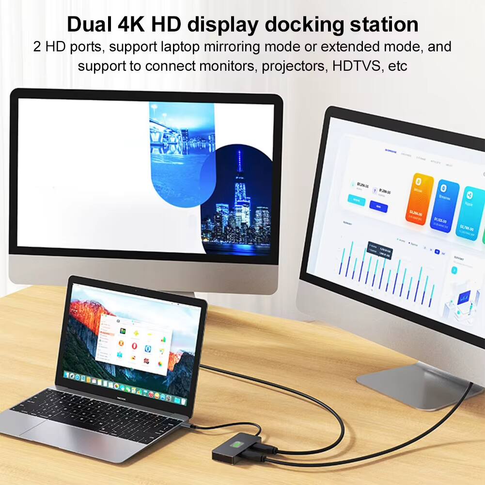 Dual 4K HD display docking station  
2 HD ports, support laptop mirroring mode or extended mode, and support to connect monitors, projectors, HDTVs, etc