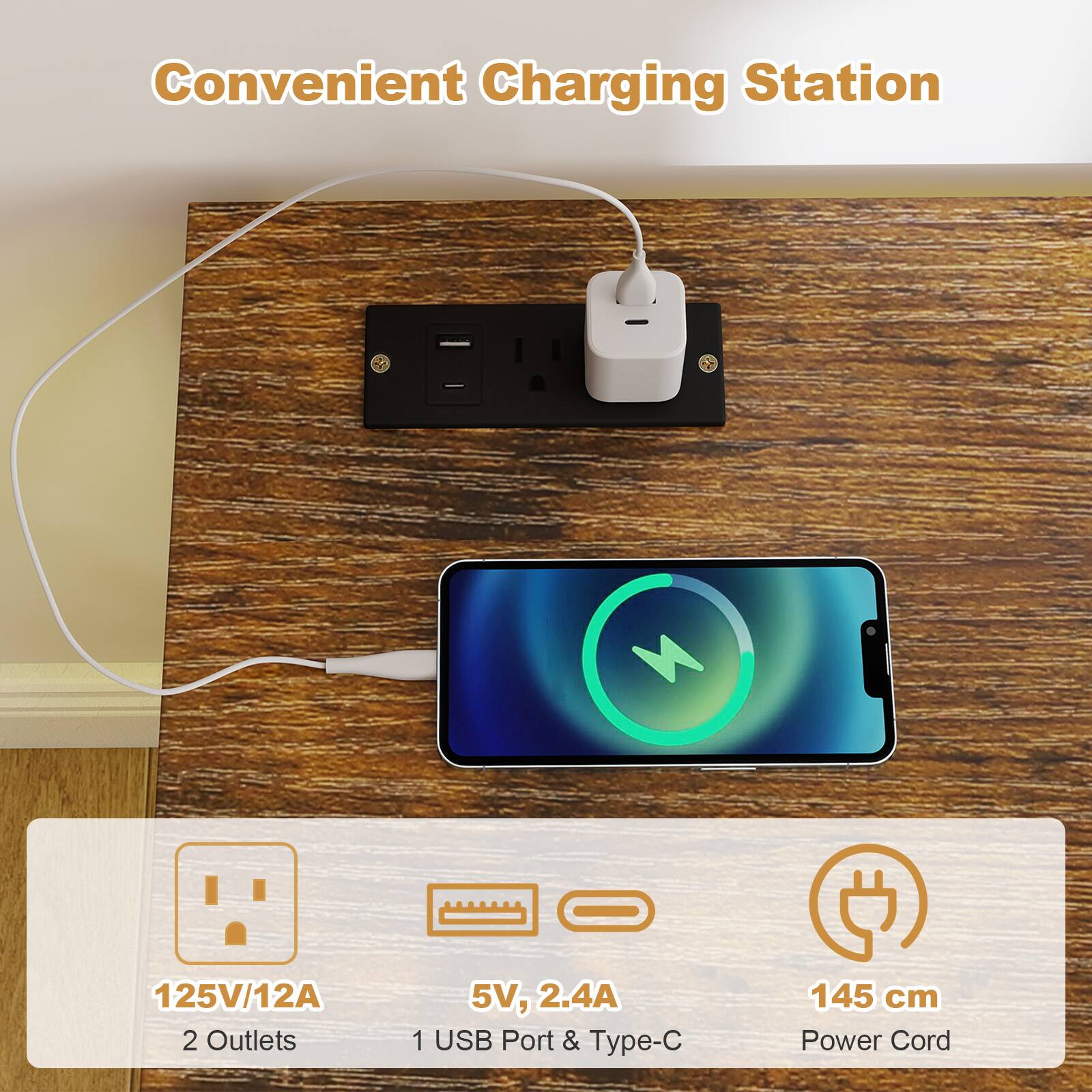 Convenient Charging Station

125V/12A  
2 Outlets  
5V, 2.4A  
1 USB Port & Type-C  
145 cm Power Cord