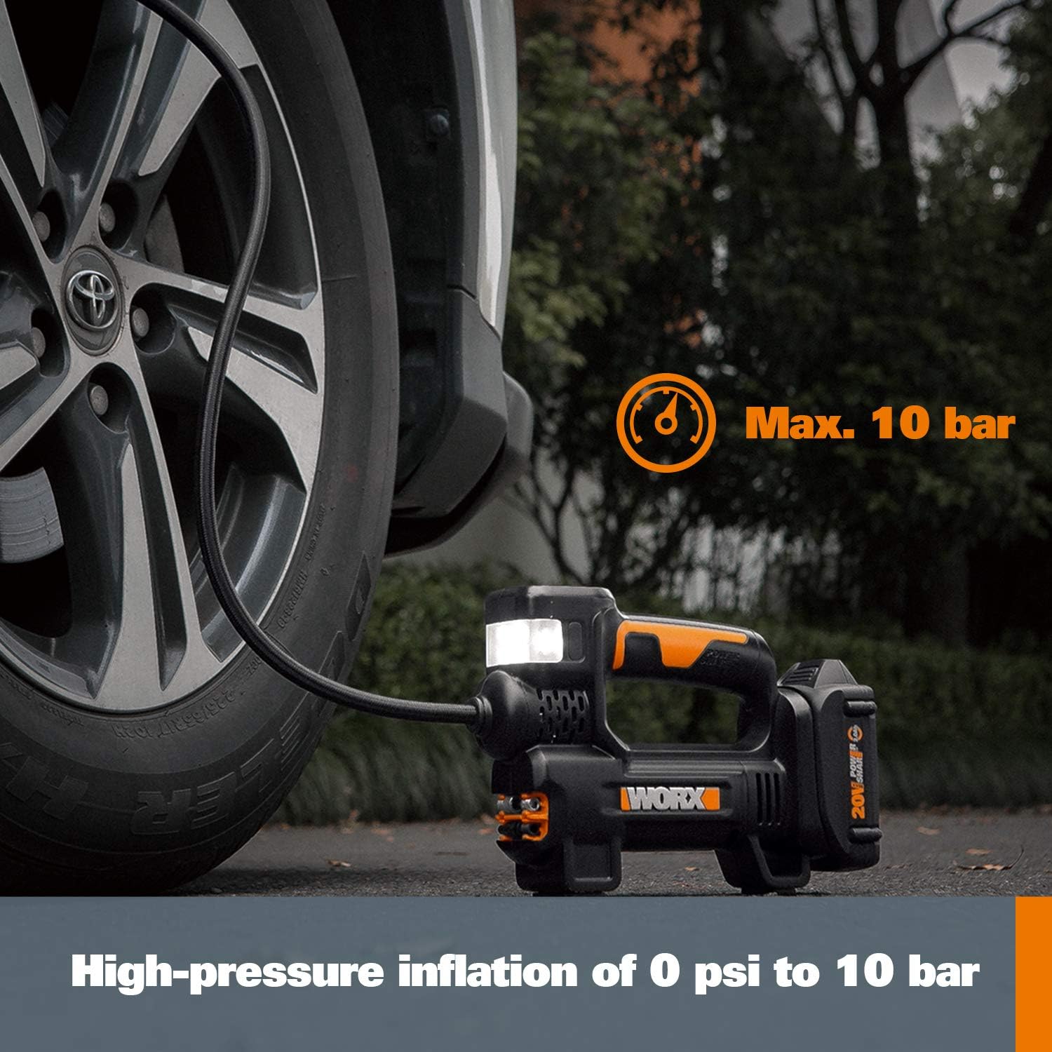 Max. 10 bar high-pressure inflation of 0 psi to 10 bar.
