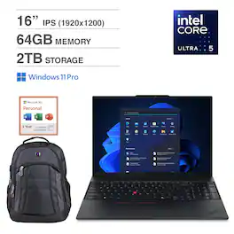 Lenovo - ThinkPad E16 21SR007CUS Laptop 16.0 Touch WUXGA (Ultra 5-225U, 64GB RAM, 2TB SSD, Win 11 Pro) w/Backpack, Office 365 - Black