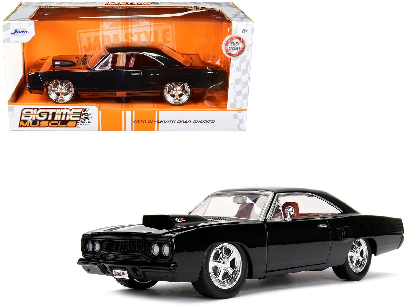 1970 Plymouth Road Runner 440 Black with Red Interior "Bigtime Muscle" Series 1/24 Diecast Model Car by Jada - Black And Red
