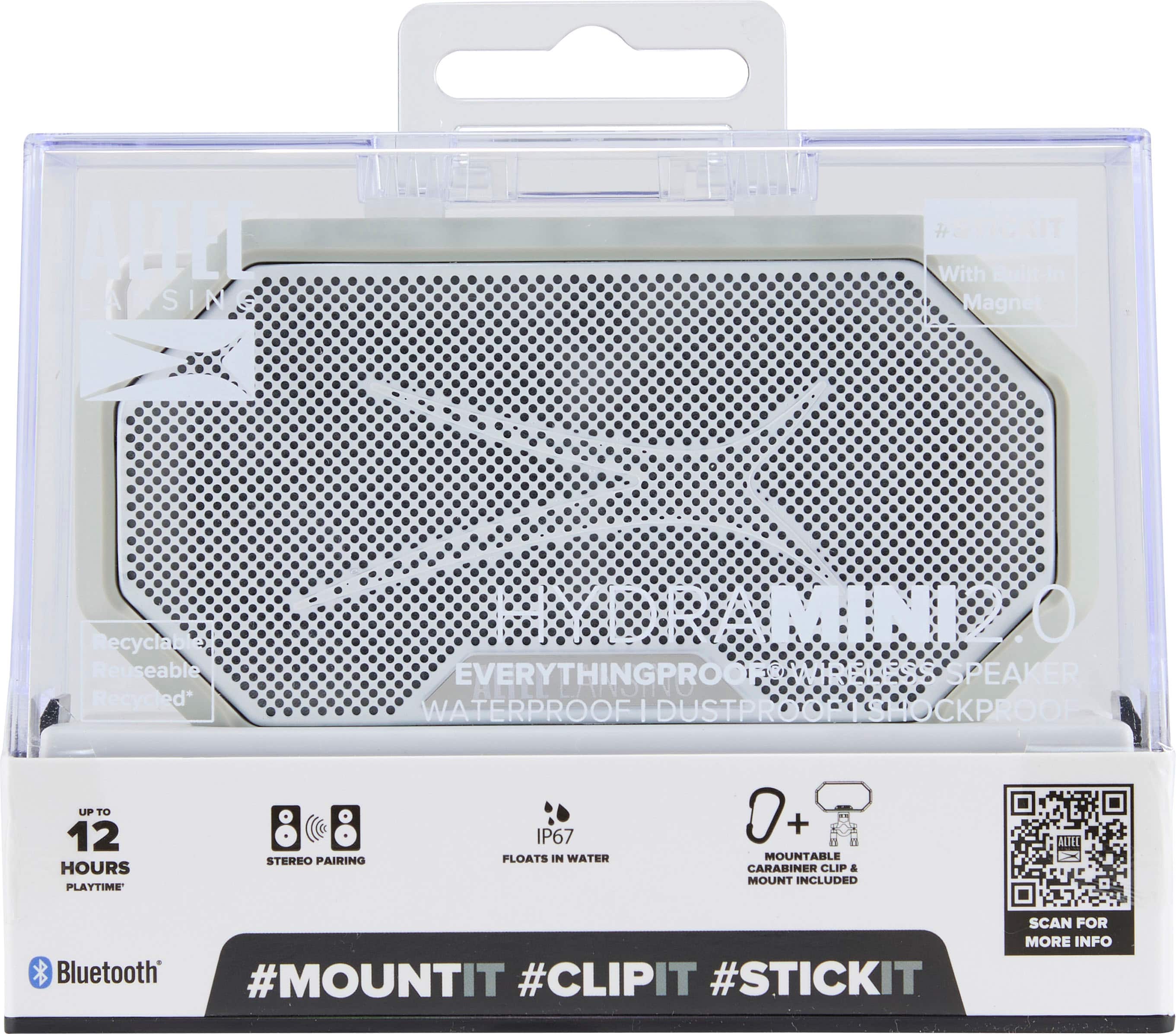 The text on the image is grouped and corrected as follows:
"EVERYTHINGPROOF SPEAKER WATERPROOF I DUSTPROOF SHOCKPROOF UP TO 12 HOURS PLAYTIME STEREO PAIRING IP67 FLOATS IN WATER 0+ MOUNTABLE CARABINER CLIF & MOUNT INCLUDED Bluetooth #MOUNTIT #CLIPIT #STICKIT SCAN FOR MORE INFO"