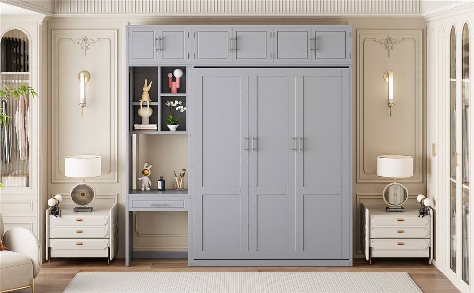 Left. Tiramisubest - Queen Size Murphy Bed with Desk, Storage, Foldable, Gray - Gray.