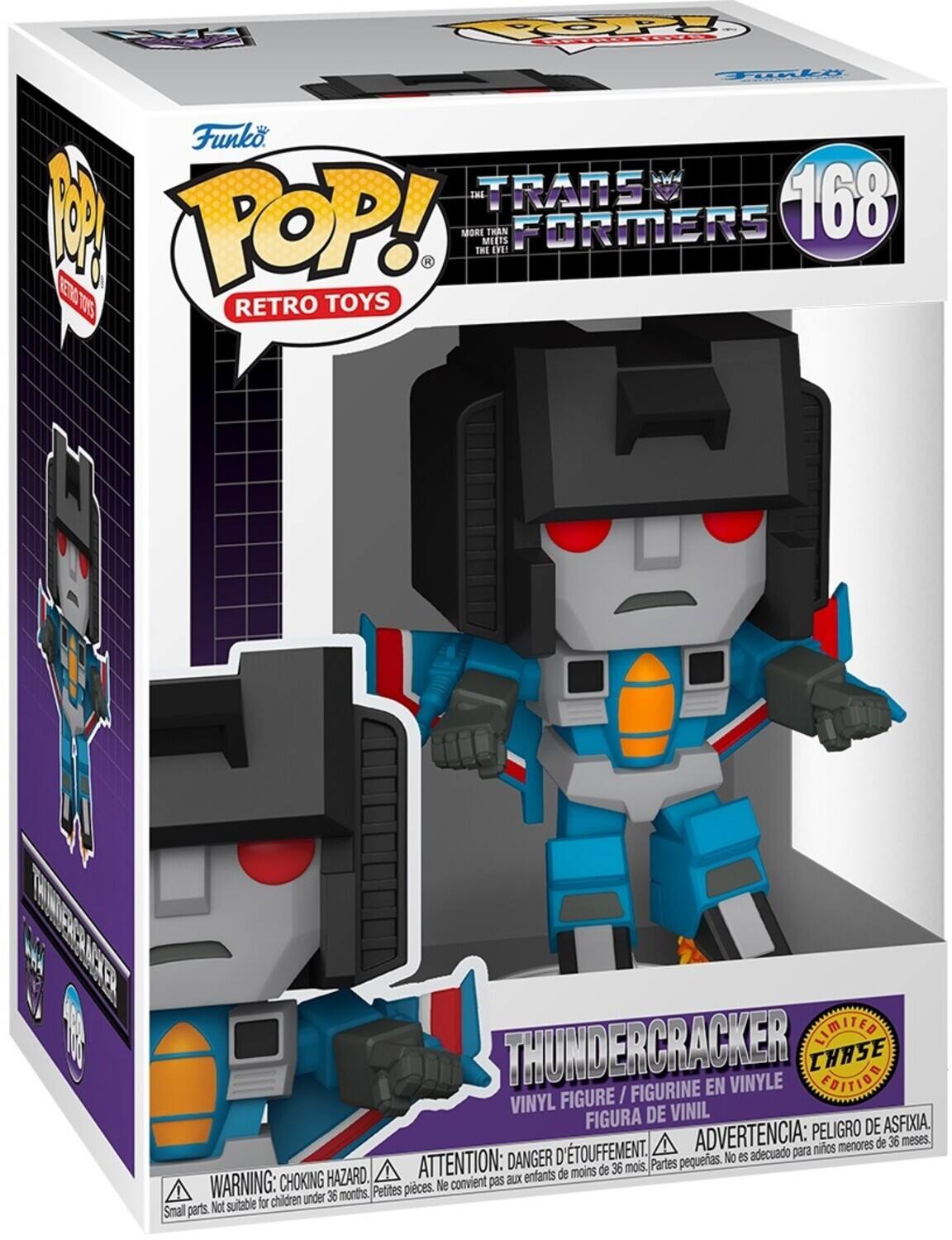 Funko POP! Retro Toys  
Transformers  
168  
Thundercracker  
Vinyl Figure / Figurine en Vinyle / Figura de Vinil  
Limited Chase Edition  
Warning: Choking Hazard. Small parts. Not suitable for children under 36 months.  
Attention: Danger d'étouffement. Petites pièces. Ne convient pas aux enfants de moins de 36 mois.  
Advertencia: Peligro de asfixia. Pequeñas piezas. No es adecuado para niños menores de 36 meses.