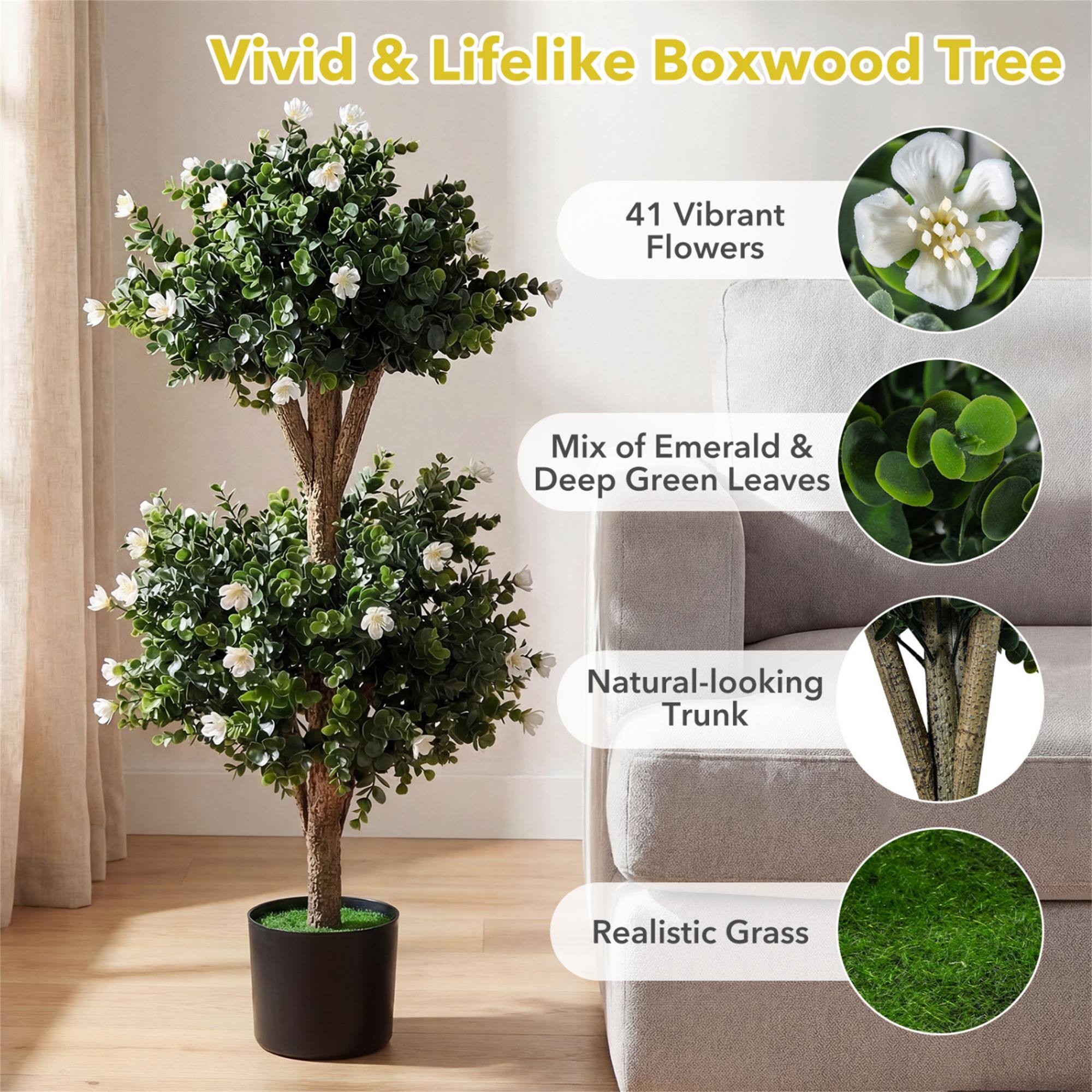 Vivid & Lifelike Boxwood Tree

41 Vibrant Flowers

Mix of Emerald & Deep Green Leaves

Natural-looking Trunk

Realistic Grass