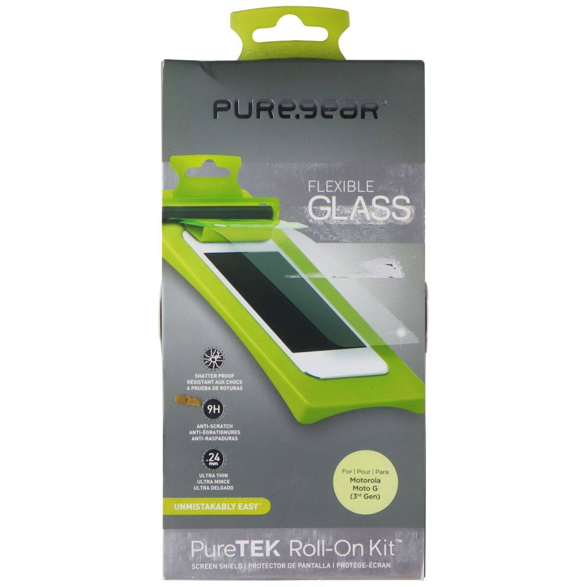 PURE9EAR FLEXIBLE GLASS SHATTER PROOF RESISTANT AUX CHOCS A PRUEBA DE ROTURAS 9H ANTI-SCRATCH NTI-GRATIURES ANTI-RASPADURAS 24 I ULTRA THIN ULTRA MINCE ULTRA DELOADO UNMISTAKABLY EASY For Pour Para Motorola Moto G (3 Gen) PureTEK Roll-On Kit SCREEN SHIELD I PROTECTOR DE PANTALLA I PROTEGE-ECRAN