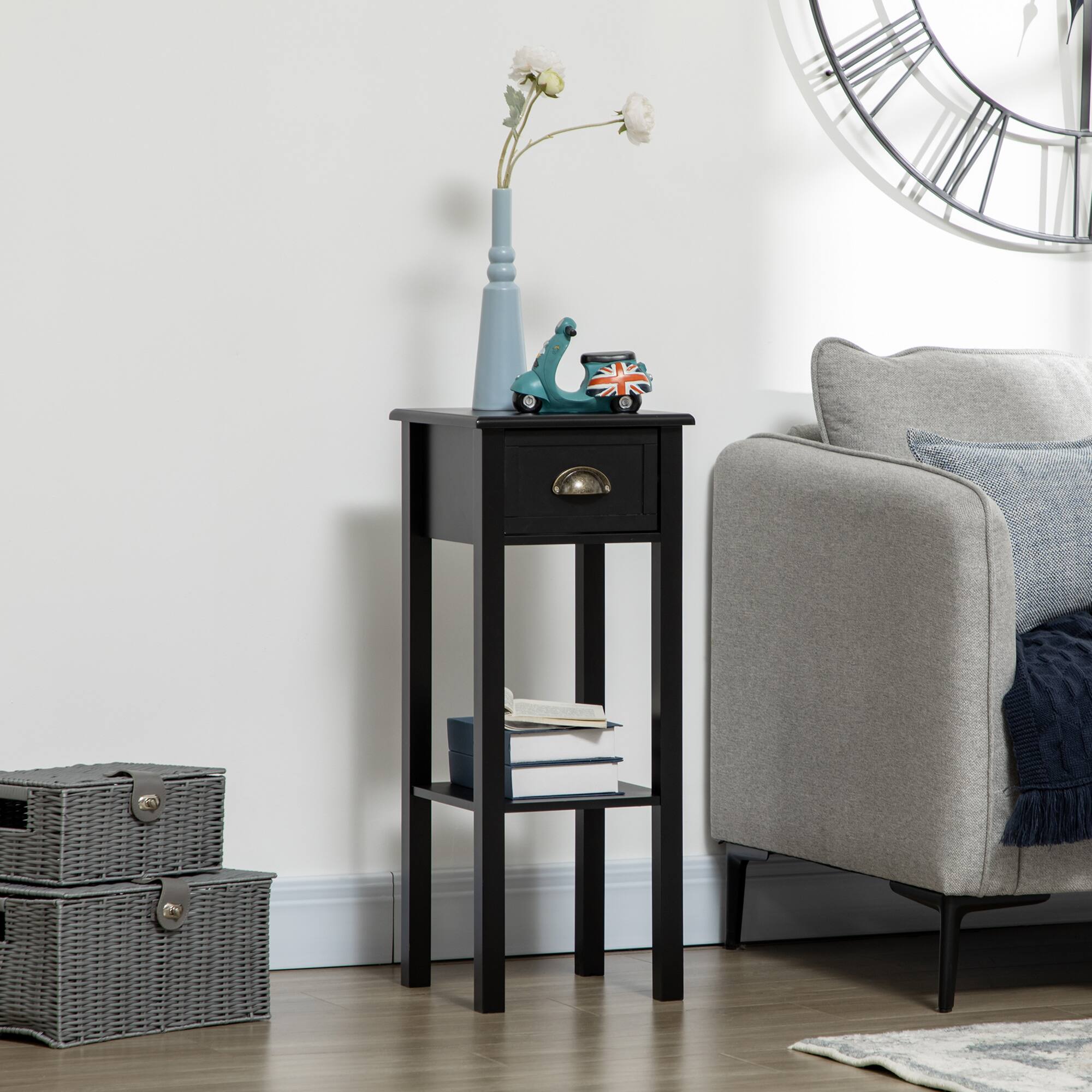 Alt View 1. Homcom - 2-Tier Side Table w/ Drawer & Bottom Shelf, Narrow End Table for Living Room - Black.