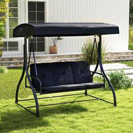 Gymax - Converting Patio Swing Chair Porch Swing Bed w/Adjustable Canopy & Thickened Cushion - Black