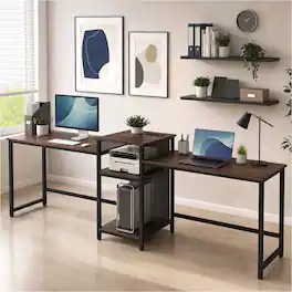 WELLFOR - 2-Person Computer Desk with Power Outlet and Printer Stand, 97 " Long Home Office Desk Writing Desk - Rustic Brown