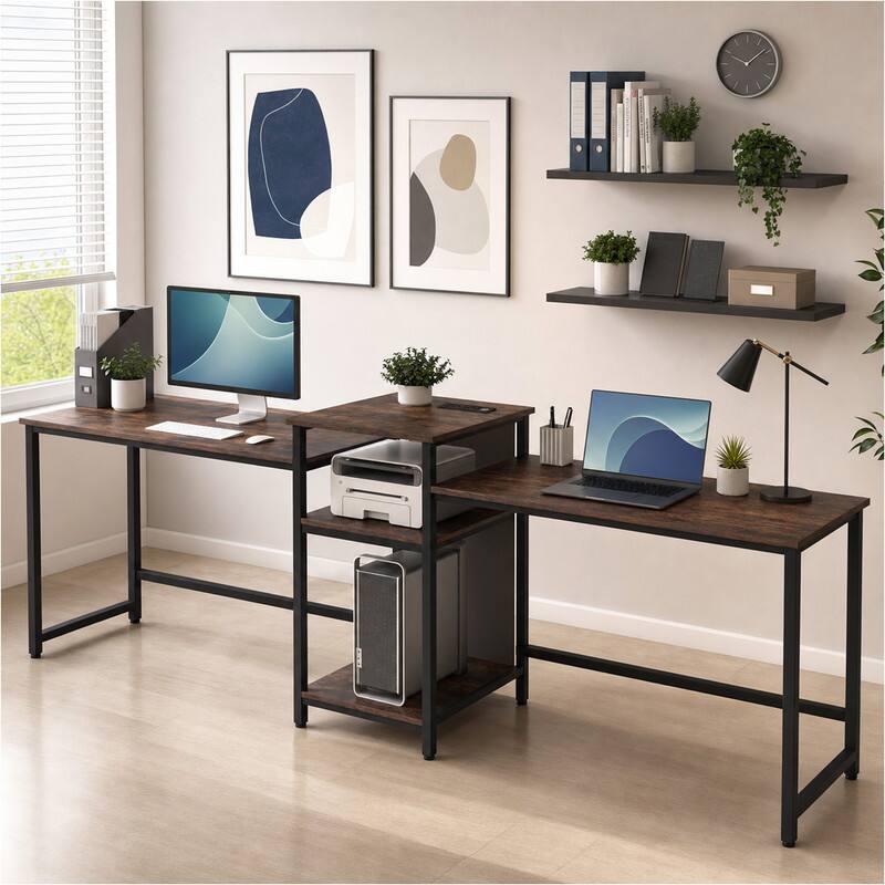 Front. WELLFOR - 2-Person Computer Desk with Power Outlet and Printer Stand, 97 " Long Home Office Desk Writing Desk - Rustic Brown.