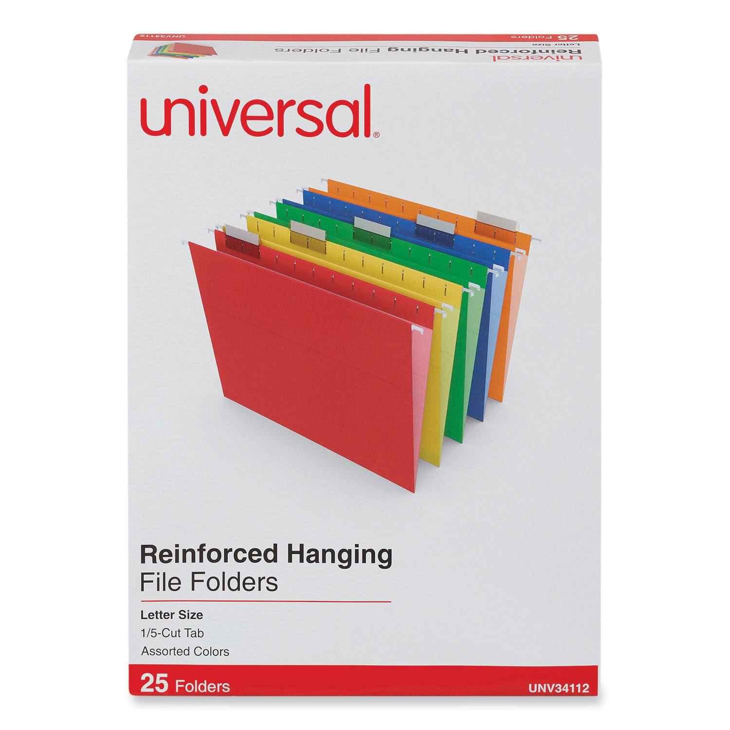 UNV34112
Universal
Reinforced Hanging File Folders
Letter Size
1/5-Cut Tab
Assorted Colors
25 Folders