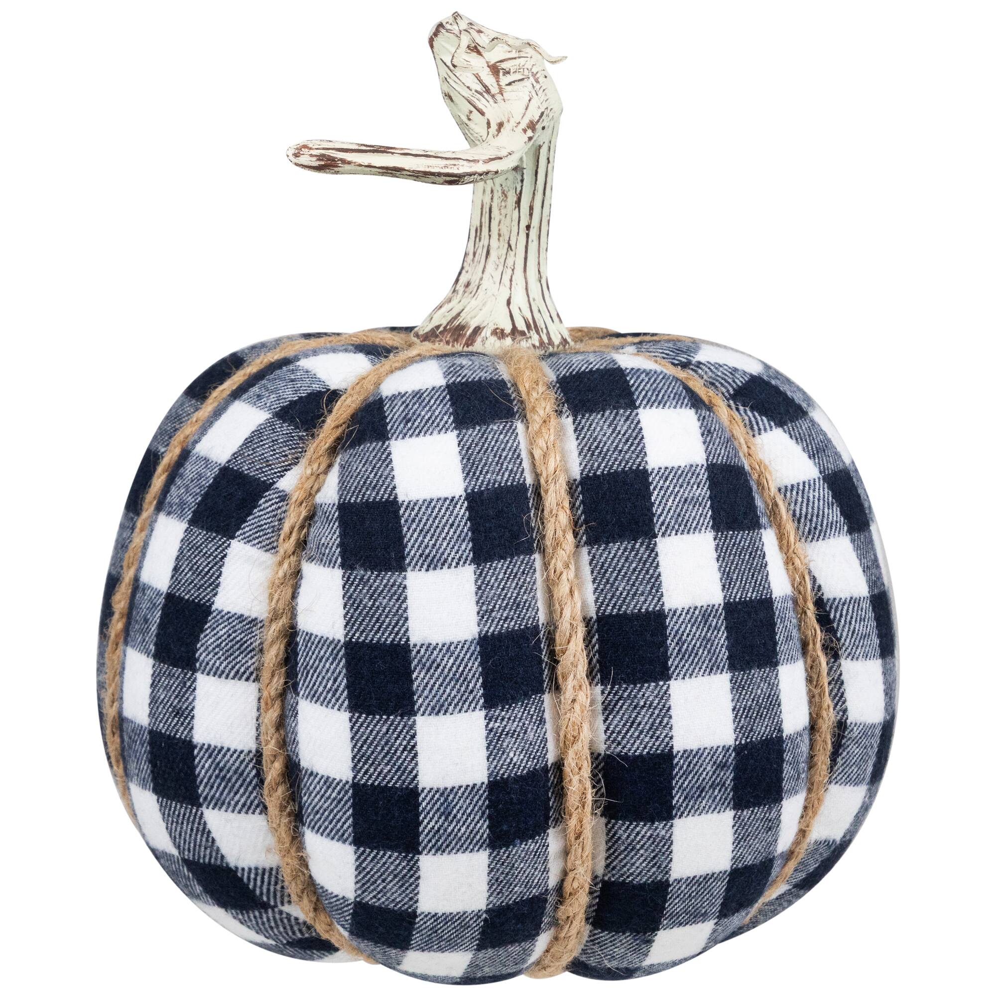 Alt View 3. Northlight - Buffalo Plaid Fall Harvest Pumpkin with Weathered Stem - 7.75" - Blue - Blue.