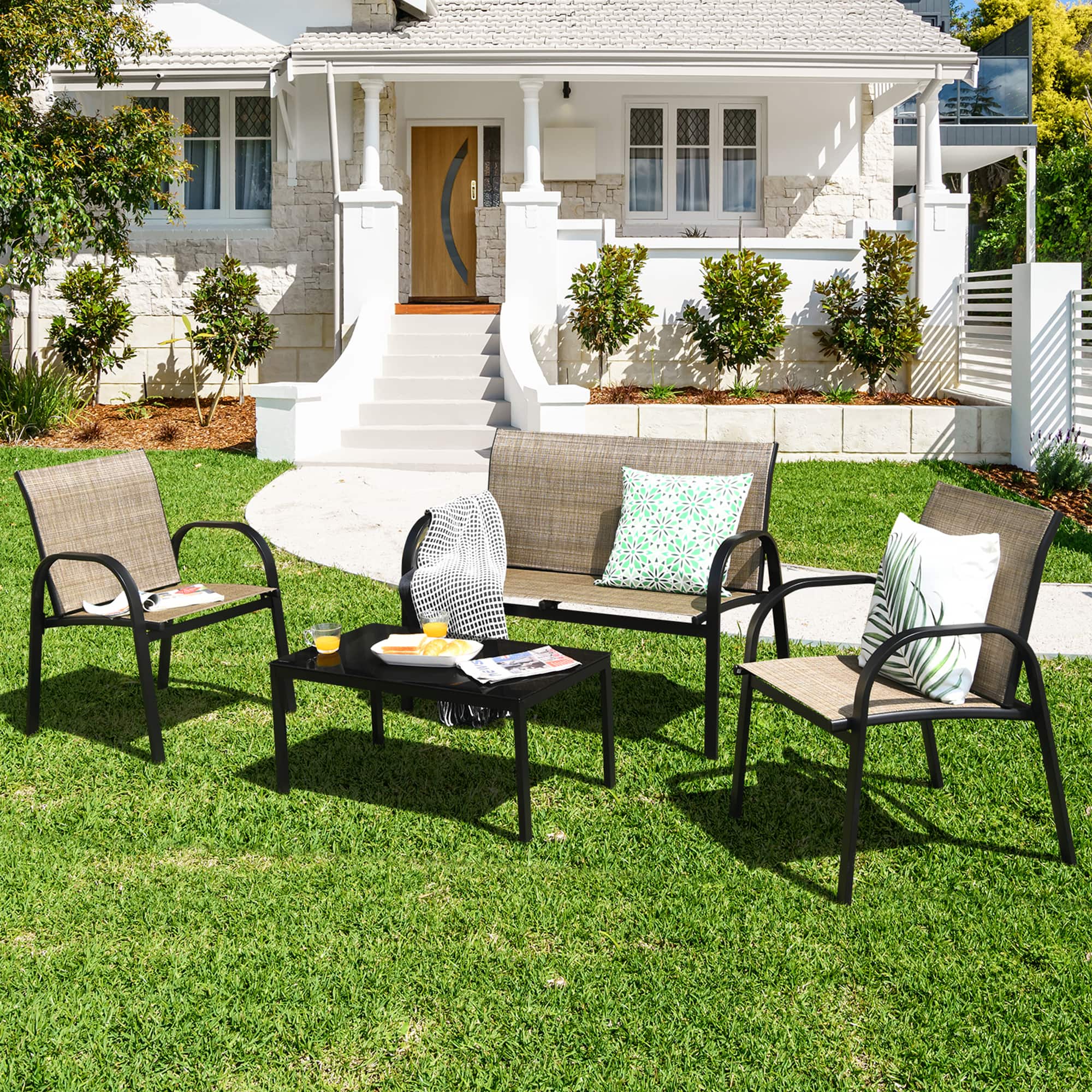 Gymax - 4PCS Patio Conversation Furniture Set All-Weather Garden Outdoor - Brown