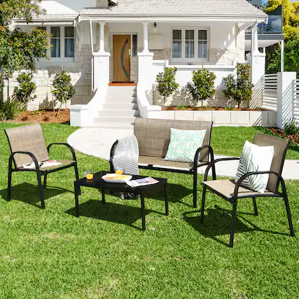 Front. Gymax - Gymax 4PCS Patio Conversation Furniture Set All-Weather Garden Outdoor Brown - Brown.