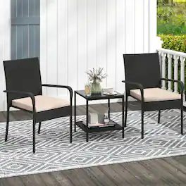 Costway - 3 PCS Patio Furniture Set with 2-Tier Table Tempered Glass Tabletop & Soft Cushions - Black & Brown