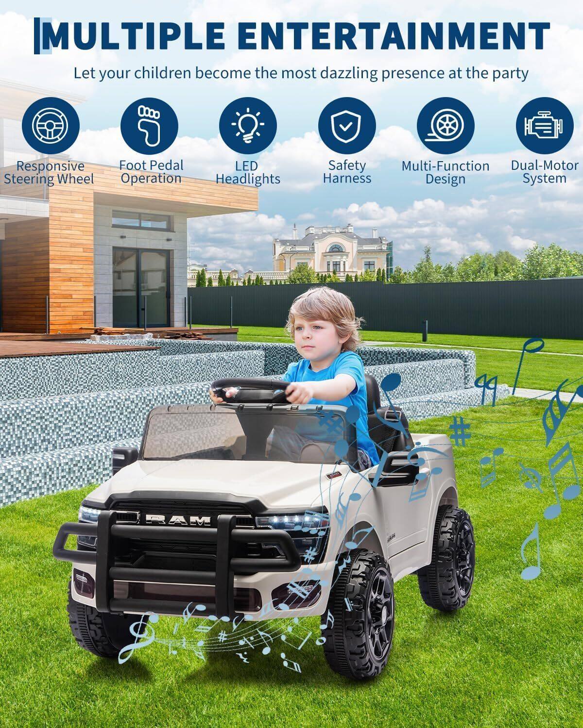 **MULTIPLE ENTERTAINMENT**

Let your children become the most dazzling presence at the party

- Responsive Steering Wheel
- Foot Pedal Operation
- LED Headlights
- Safety Harness
- Multi-Function Design
- Dual-Motor System
