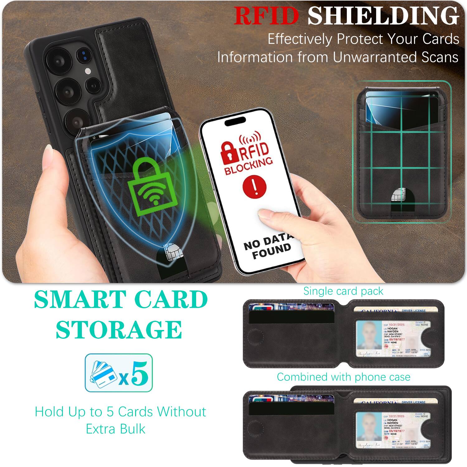 RFID SHIELDING Effectively Protect Your Cards Information from Unwarranted Scans

RFID BLOCKING ! NO DATA FOUND

SMART CARD STORAGE x5

Single card pack

Combined with phone case

Hold Up to 5 Cards Without Extra Bulk