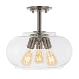Jonathan Y - Lina 13.75" 3-Light Modern Industrial Iron/Seeded Glass LED Semi Flush Mount, /Clear - Nickel