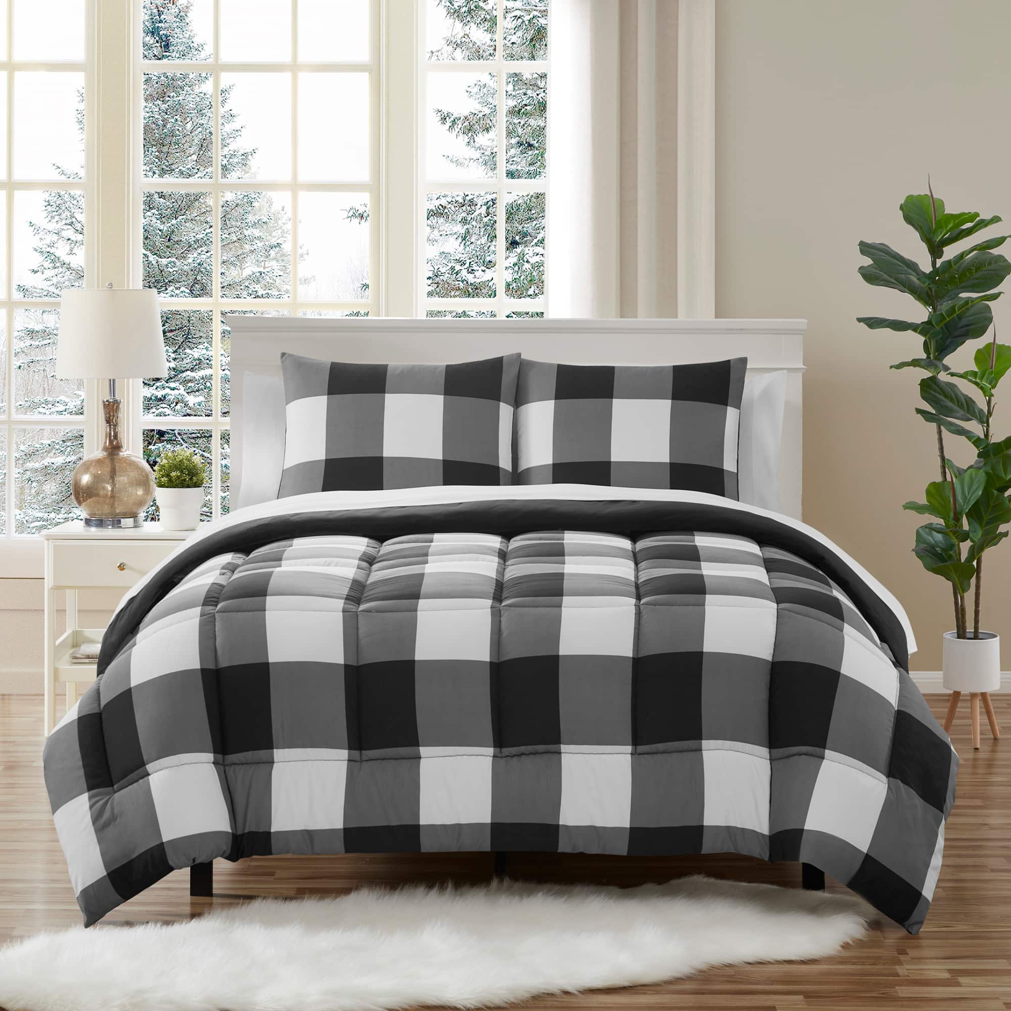 Sweet Home Collection - 7 Piece Buffalo Plaid Bed in a Bag Comforter and Sheet Set - Full - Black/White
