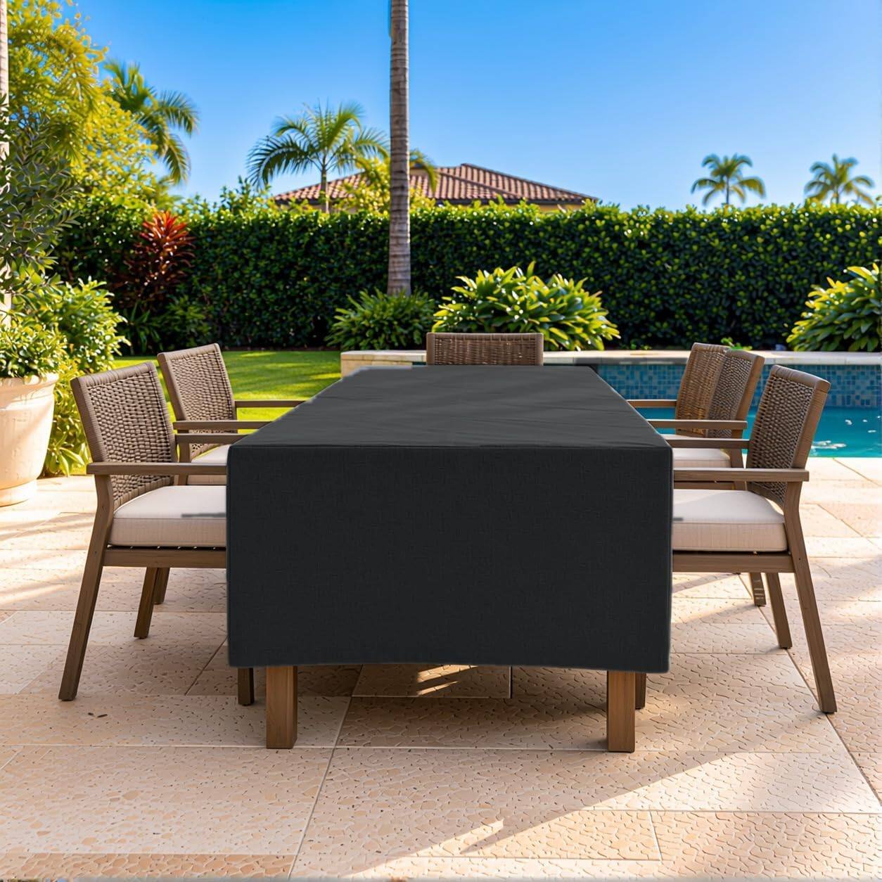 Left. KHOMO GEAR - Outdoor Dining Table Cover - Heavy Duty, Water Resistant Rectangular Patio Dining Table Cover - 60"L x 33"W x 25"H - Black.