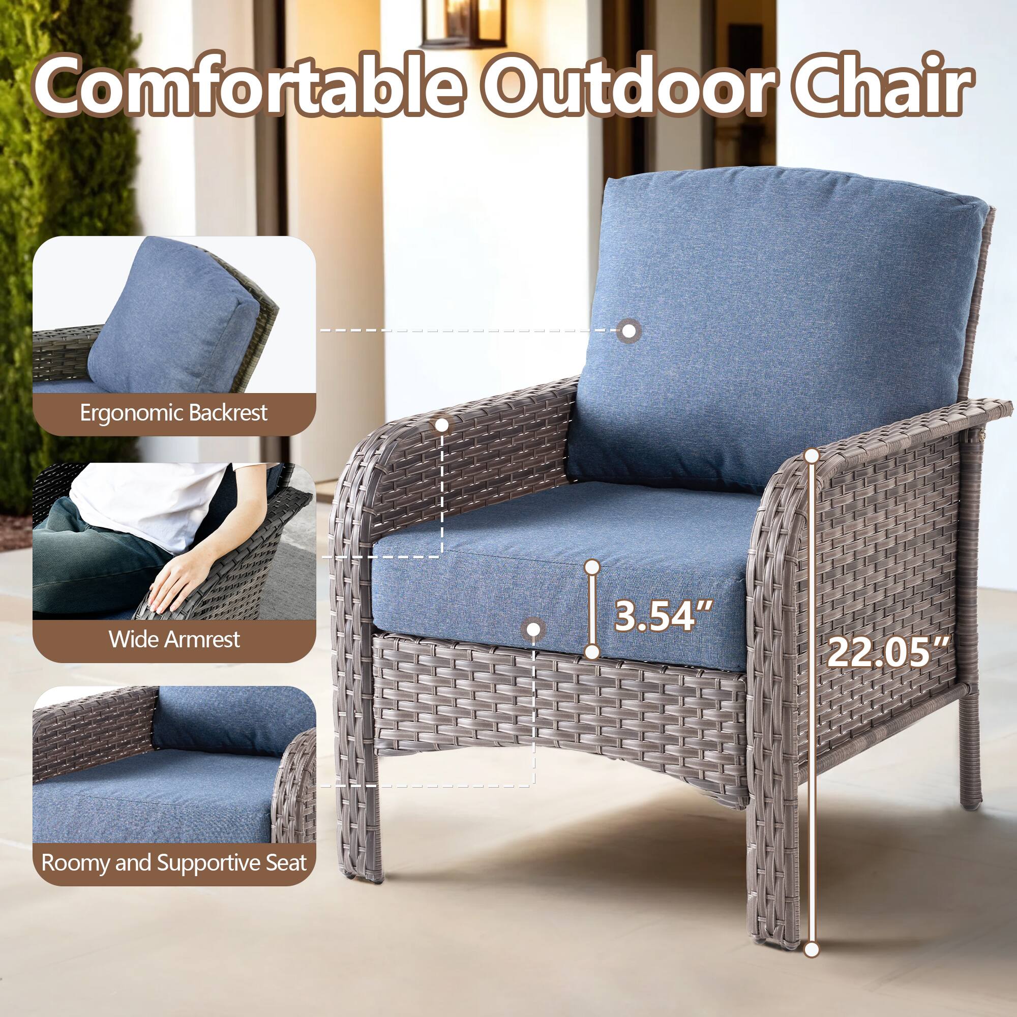 Comfortable Outdoor Chair

- Ergonomic Backrest
- Wide Armrest
- Roomy and Supportive Seat

Dimensions:
- 3.54"
- 22.05"