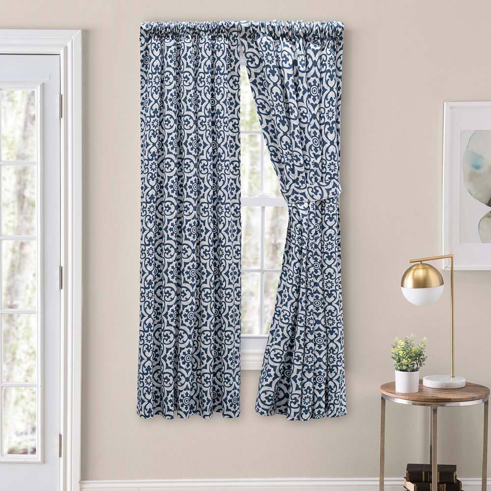 Angle. Ellis Curtain - Ellis Athens Printed Tile Design on Ground  3" Rod Pocket High Quality Tailored Pairs 100"x54" Navy - Navy.