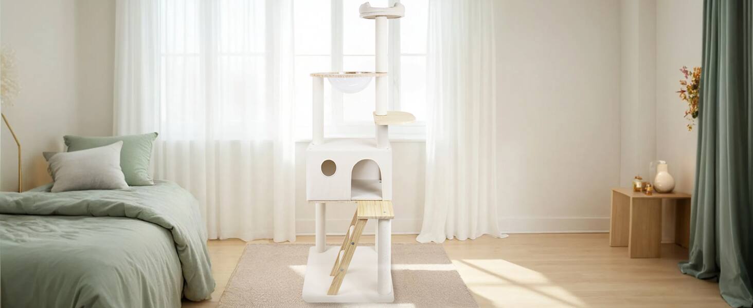 Alt View 4. Siljoy - Modern Wood Cat Tree with Transparent Spacecraft Hut, Heavy Duty Frame & 8 Fully Wrapped Sisal Posts.