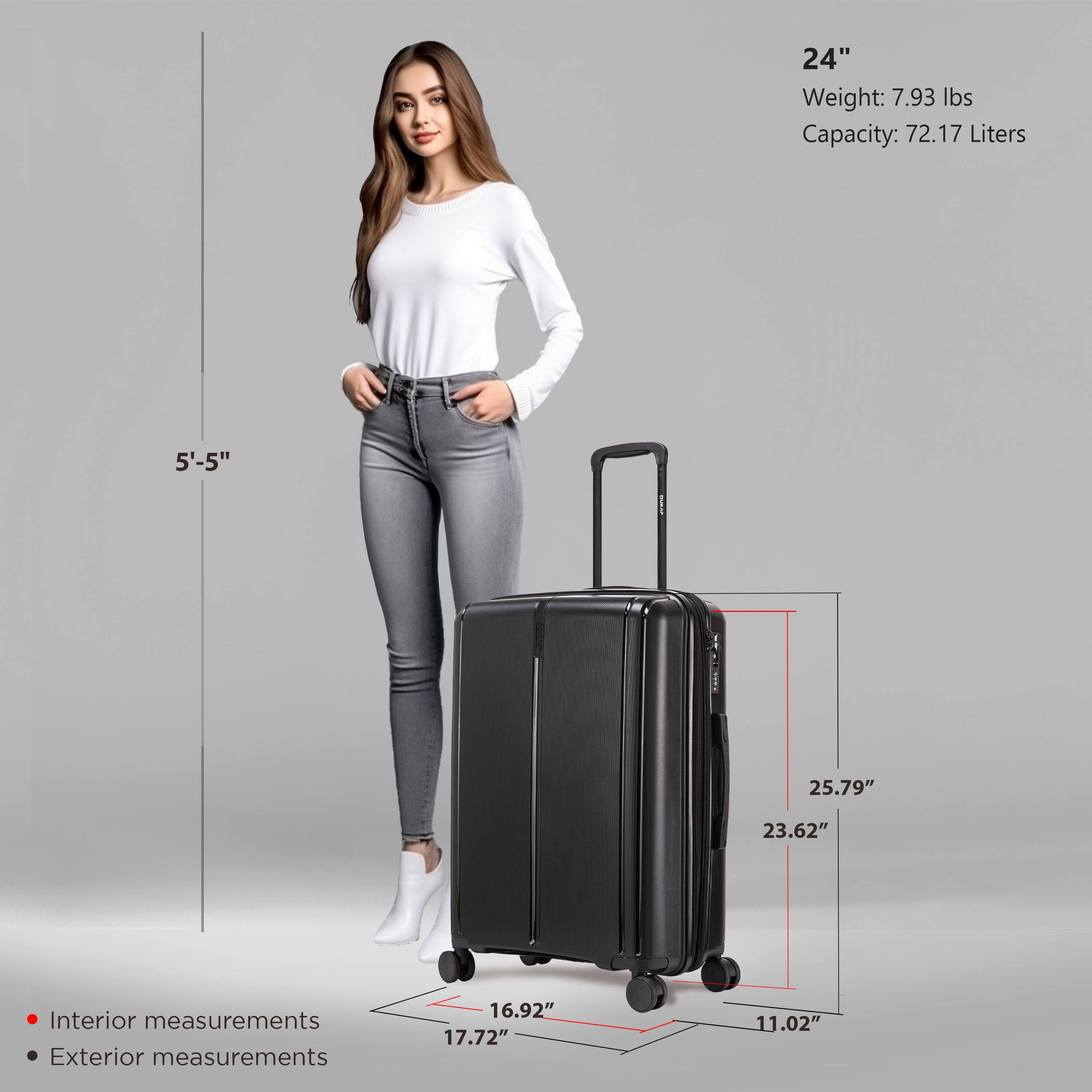 24"  
Weight: 7.93 lbs  
Capacity: 72.17 Liters  

5'-5"  

Interior measurements:  
16.92" x 17.72" x 11.02"  

Exterior measurements:  
25.79" x 23.62" x 11.02"