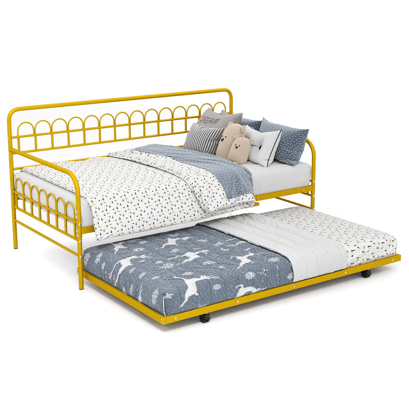 Costway - Twin Daybed Frame with Trundle, Space-Saving Pull-Out Trundle for Living Room - Gold