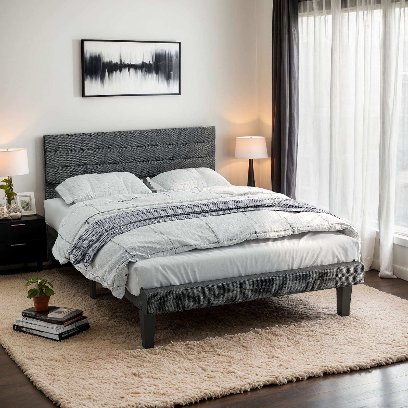 Winado - Twin Bed Frame for Kids with Headboard Wooden Slats Mattress Foundation with Cozy Linen Upholstered No Box Spring Needed - Linen Gray