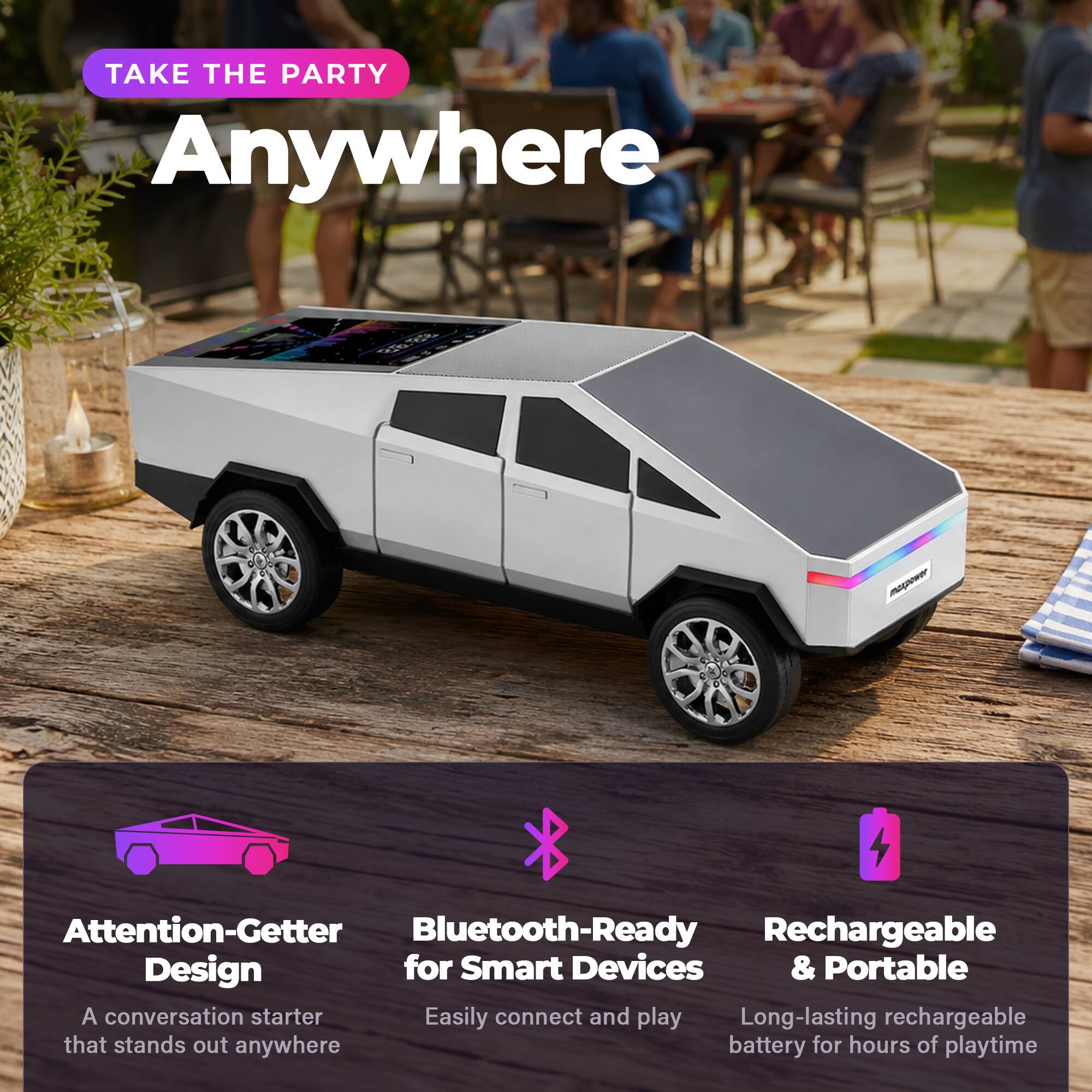 TAKE THE PARTY Anywhere

- Attention-Getter Design
  - A conversation starter that stands out anywhere

- Bluetooth-Ready for Smart Devices
  - Easily connect and play

- Rechargeable & Portable
  - Long-lasting rechargeable battery for hours of playtime