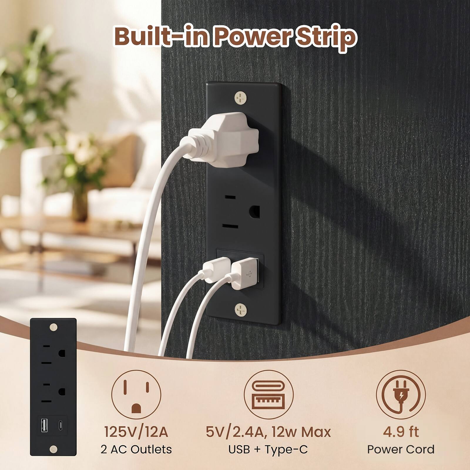 Built-in Power Strip - 125V/12A, 5V/2.4A, 12w Max, 2 AC Outlets, USB + Type-C, 4.9 ft Power Cord