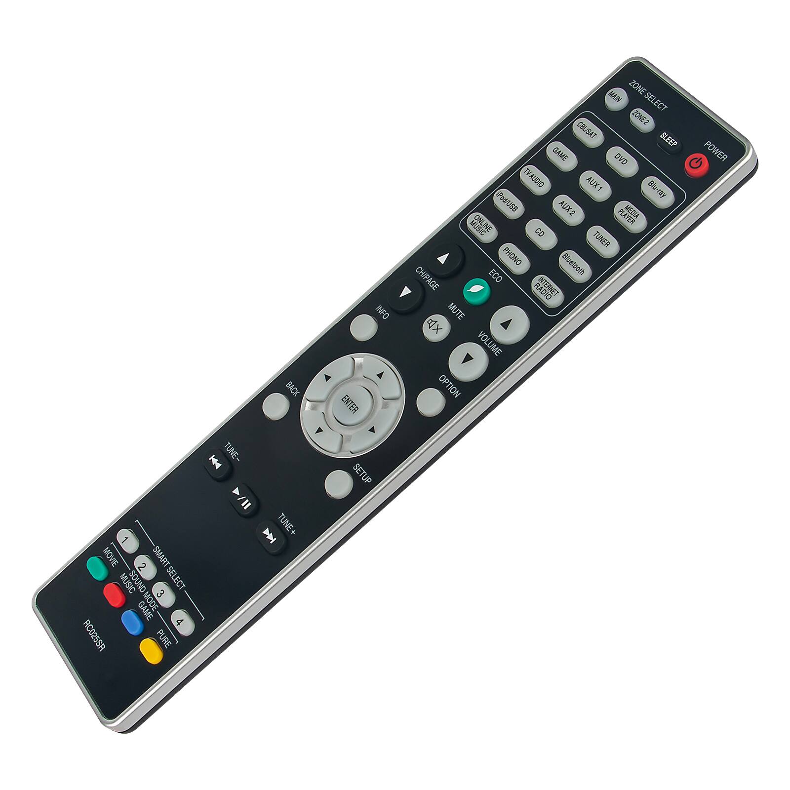 Sure, here is the corrected and grouped text from the image:

---

**Top Section:**
- ZONE SELECT
- CBLISAT
- BLEEP
- GAME
- DVD
- POWER
- TVAUDIO
- AUX1
- AUX2
- MIDIA
- ONLINE PLAYER
- CO
- TUNER
- PHONO
- Bluetsosh
- CHIPAGE
- ECO
- DNEA
- MUTE
- X: VOLUME
- OPTION
- MOVE
- 2
- SMART MUSIC
- SOUND SELECT
- 3
- GAME MODE
- 4
- RC02SSR
- TUNE-
- TUNE+
- SETUP

**Middle Section:**
- BACK
- ENTER
- INFO
- ZONE2
- CBLISAT
- BLEEP
- GAME
- DVD
- POWER
- TVAUDIO
- AUX1
- AUX2
- MIDIA
- ONLINE PLAYER
- CO
- TUNER
- PHONO
- Bluetsosh
- CHIPAGE
- ECO
- DNEA
- MUTE
- X: VOLUME
- OPTION
- MOVE
-