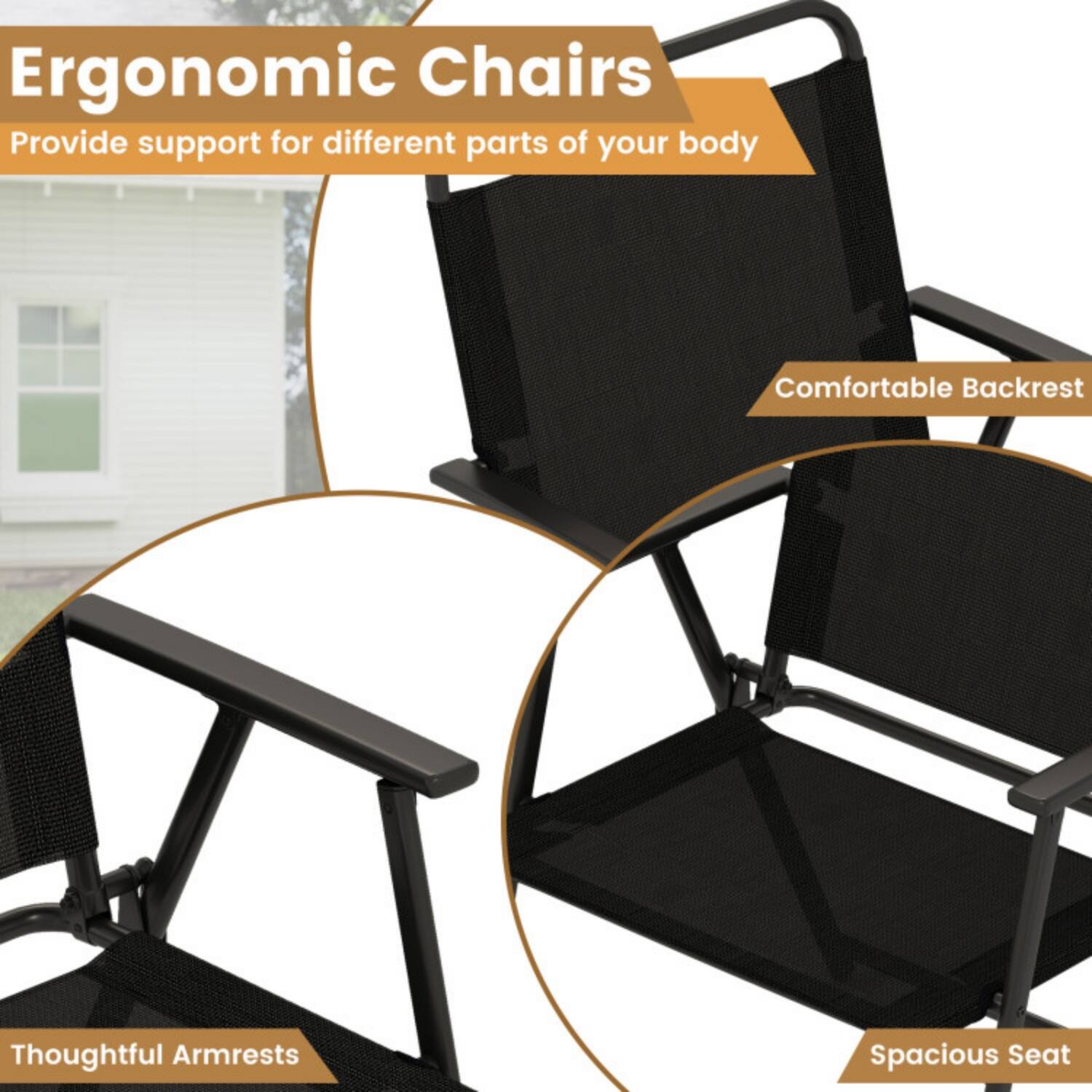 Ergonomic Chairs  
Provide support for different parts of your body  
Comfortable Backrest  
Thoughtful Armrests  
Spacious Seat